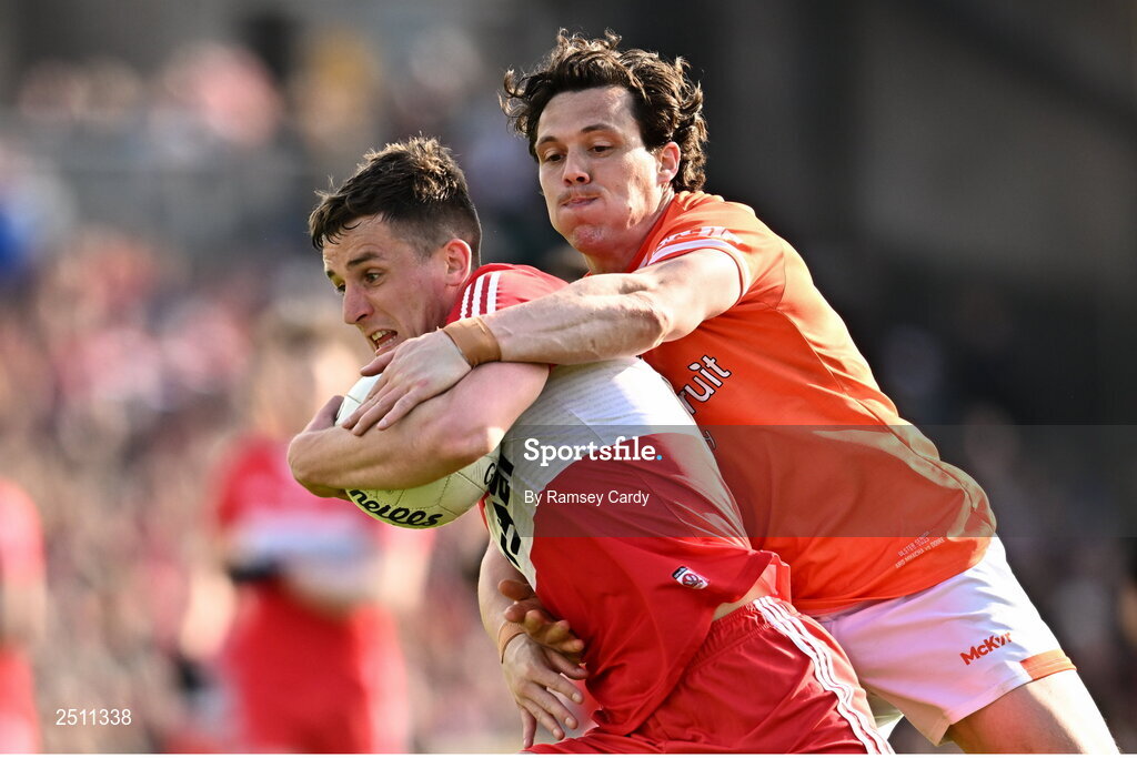 14 May 2023; Shane McGuigan of Derry in action against James Morgan of Armagh during the Ulster GAA Football Senior Championship Final match between Armagh and Derry at St Tiernach’s Park in Clones, Monaghan. Photo by Ramsey Cardy/Sportsfile