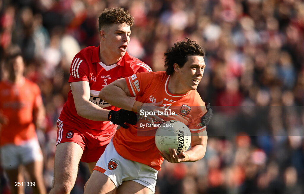 14 May 2023; James Morgan of Armagh in action against Eoghan McEvoy of Derry during the Ulster GAA Football Senior Championship Final match between Armagh and Derry at St Tiernach’s Park in Clones, Monaghan. Photo by Ramsey Cardy/Sportsfile