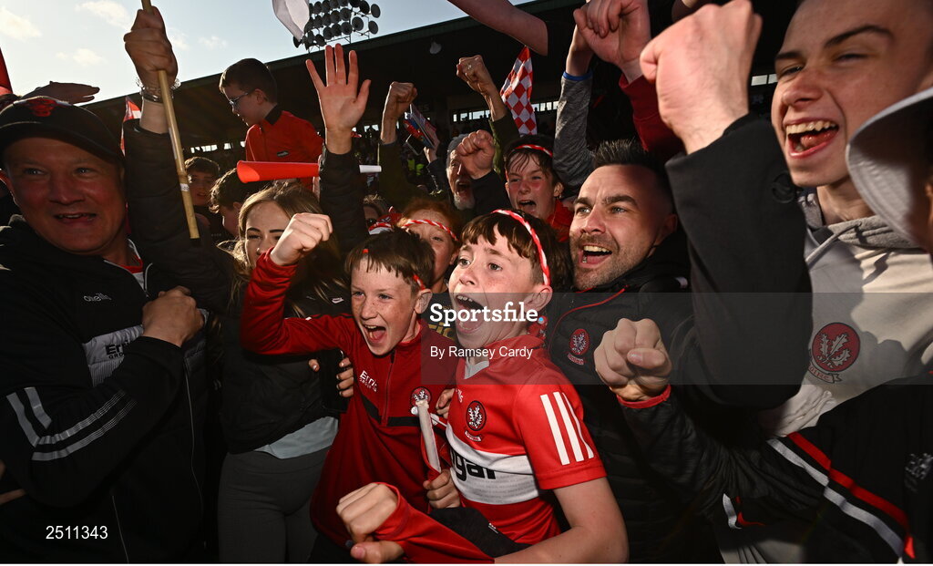 14 May 2023; Derry supporters celebrate after the Ulster GAA Football Senior Championship Final match between Armagh and Derry at St Tiernach’s Park in Clones, Monaghan. Photo by Ramsey Cardy/Sportsfile