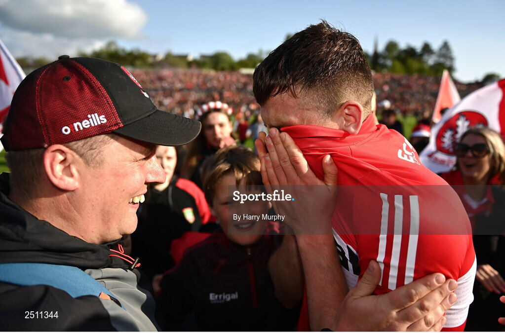 14 May 2023; Shane McGuigan of Derry after his side's victory in the Ulster GAA Football Senior Championship Final match between Armagh and Derry at St Tiernach’s Park in Clones, Monaghan. Photo by Harry Murphy/Sportsfile