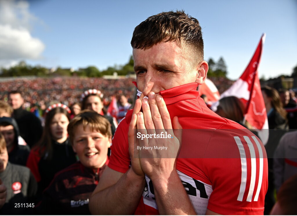 14 May 2023; Shane McGuigan of Derry after his side's victory in the Ulster GAA Football Senior Championship Final match between Armagh and Derry at St Tiernach’s Park in Clones, Monaghan. Photo by Harry Murphy/Sportsfile
