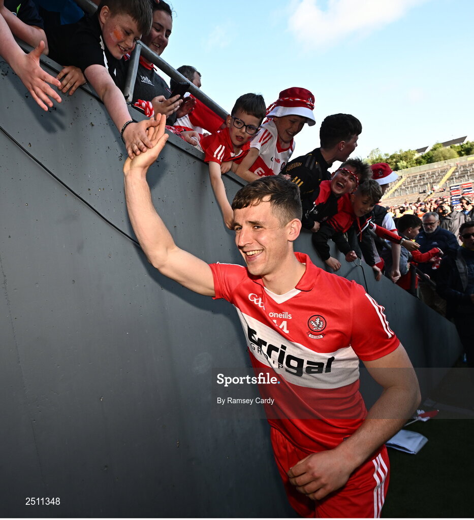 14 May 2023; Shane McGuigan of Derry celebrates with supporters after the Ulster GAA Football Senior Championship Final match between Armagh and Derry at St Tiernach’s Park in Clones, Monaghan. Photo by Ramsey Cardy/Sportsfile