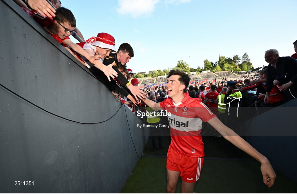 14 May 2023; Paul Cassidy of Derry celebrates with supporters after the Ulster GAA Football Senior Championship Final match between Armagh and Derry at St Tiernach’s Park in Clones, Monaghan. Photo by Ramsey Cardy/Sportsfile