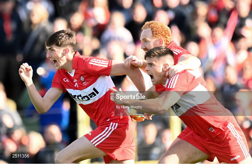 14 May 2023; Derry players, from left, Paul Cassidy, Conor Doherty and Conor Glass celebrate winning the penalty shootout during the Ulster GAA Football Senior Championship Final match between Armagh and Derry at St Tiernach’s Park in Clones, Monaghan. Photo by Harry Murphy/Sportsfile