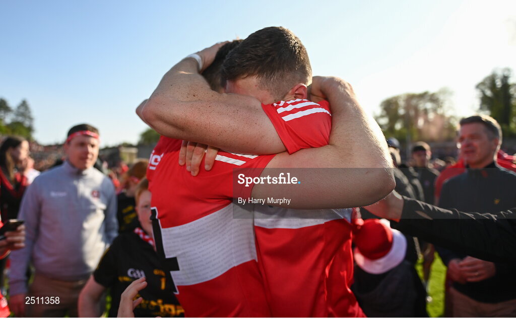 14 May 2023; Shane McGuigan, left, and Ciaran McFaul of Derry embrace after their side's victory in the Ulster GAA Football Senior Championship Final match between Armagh and Derry at St Tiernach’s Park in Clones, Monaghan. Photo by Harry Murphy/Sportsfile