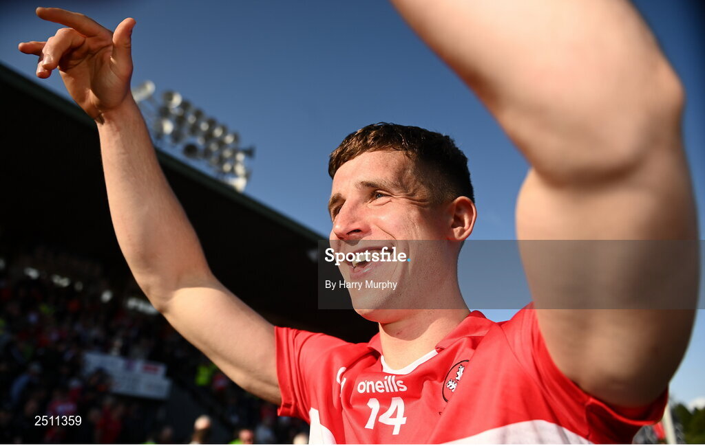 14 May 2023; Shane McGuigan of Derry after his side's victory in the Ulster GAA Football Senior Championship Final match between Armagh and Derry at St Tiernach’s Park in Clones, Monaghan. Photo by Harry Murphy/Sportsfile