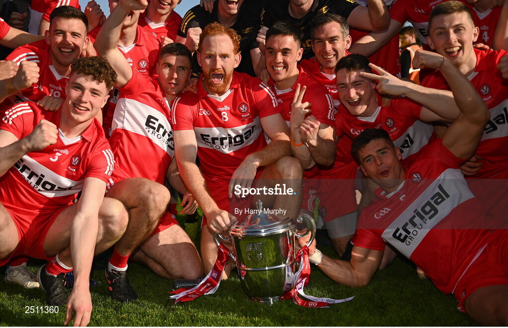 14 May 2023; Derry captain Conor Glass and teammates celebrate with the Anglo Celt Cup during the Ulster GAA Football Senior Championship Final match between Armagh and Derry at St Tiernach’s Park in Clones, Monaghan. Photo by Harry Murphy/Sportsfile