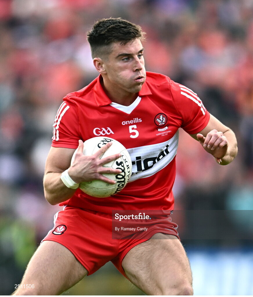 14 May 2023; Conor Doherty of Derry during the Ulster GAA Football Senior Championship Final match between Armagh and Derry at St Tiernach’s Park in Clones, Monaghan. Photo by Ramsey Cardy/Sportsfile