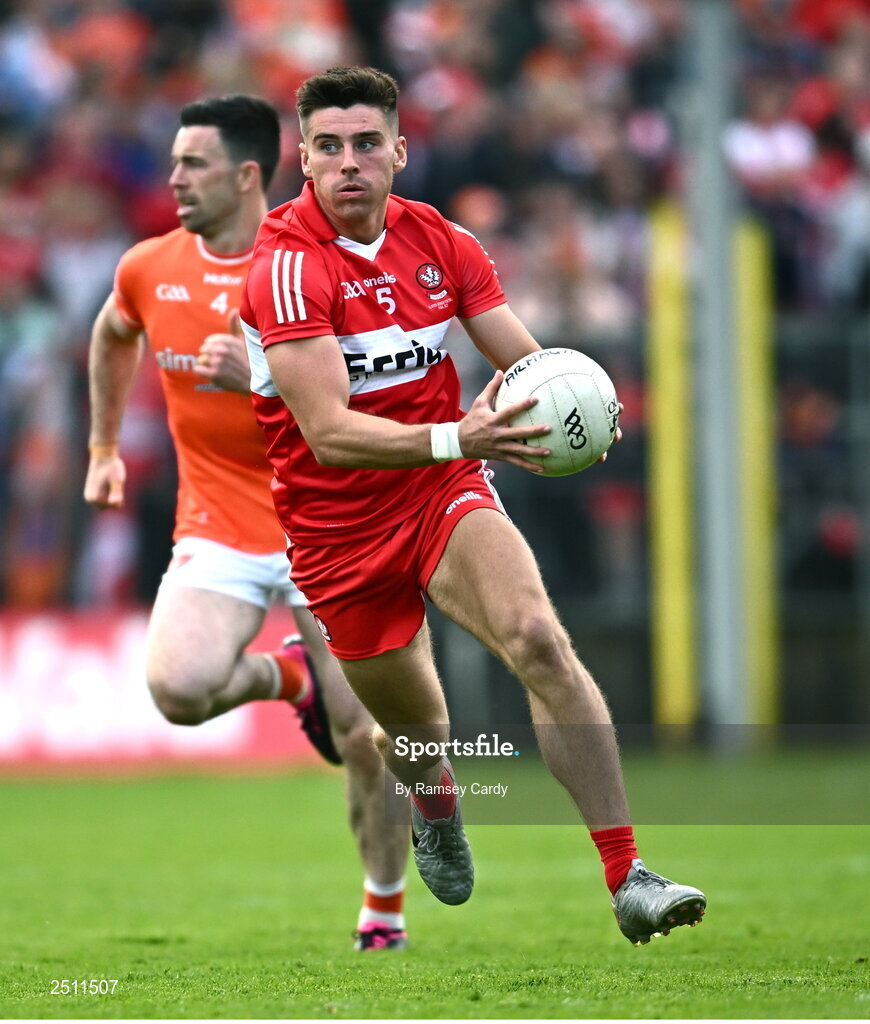 14 May 2023; Conor Doherty of Derry during the Ulster GAA Football Senior Championship Final match between Armagh and Derry at St Tiernach’s Park in Clones, Monaghan. Photo by Ramsey Cardy/Sportsfile