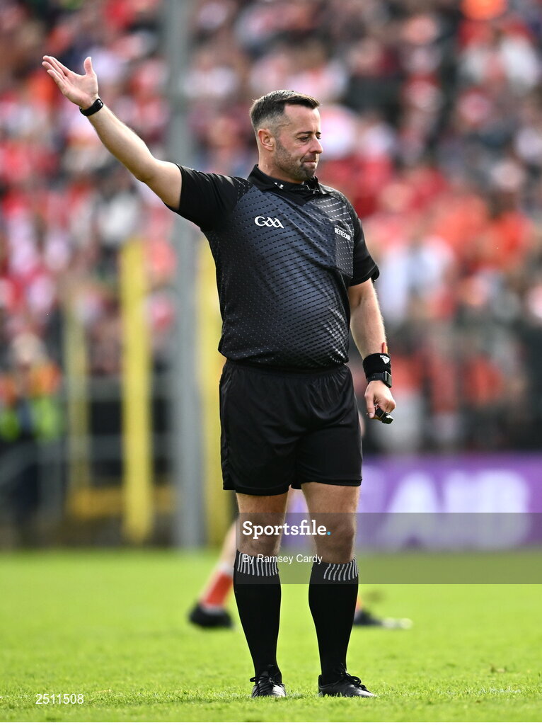 14 May 2023; Referee David Gough during the Ulster GAA Football Senior Championship Final match between Armagh and Derry at St Tiernach’s Park in Clones, Monaghan. Photo by Ramsey Cardy/Sportsfile