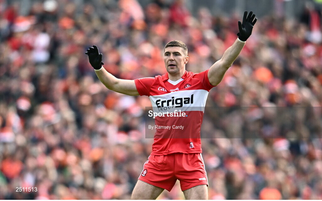 14 May 2023; Ciaran McFaul of Derry during the Ulster GAA Football Senior Championship Final match between Armagh and Derry at St Tiernach’s Park in Clones, Monaghan. Photo by Ramsey Cardy/Sportsfile
