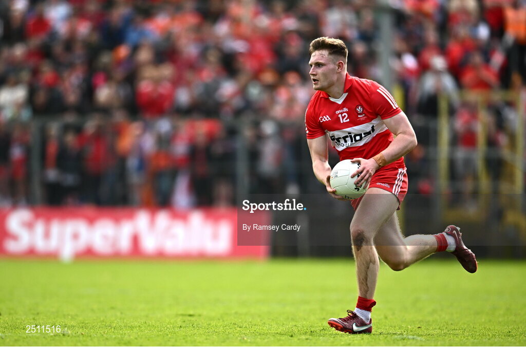 14 May 2023; Ethan Doherty of Derry during the Ulster GAA Football Senior Championship Final match between Armagh and Derry at St Tiernach’s Park in Clones, Monaghan. Photo by Ramsey Cardy/Sportsfile