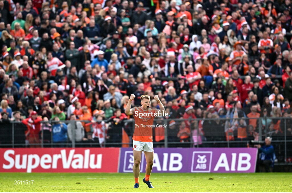14 May 2023; Rian O'Neill of Armagh celebrates kicking a late point during the Ulster GAA Football Senior Championship Final match between Armagh and Derry at St Tiernach’s Park in Clones, Monaghan. Photo by Ramsey Cardy/Sportsfile