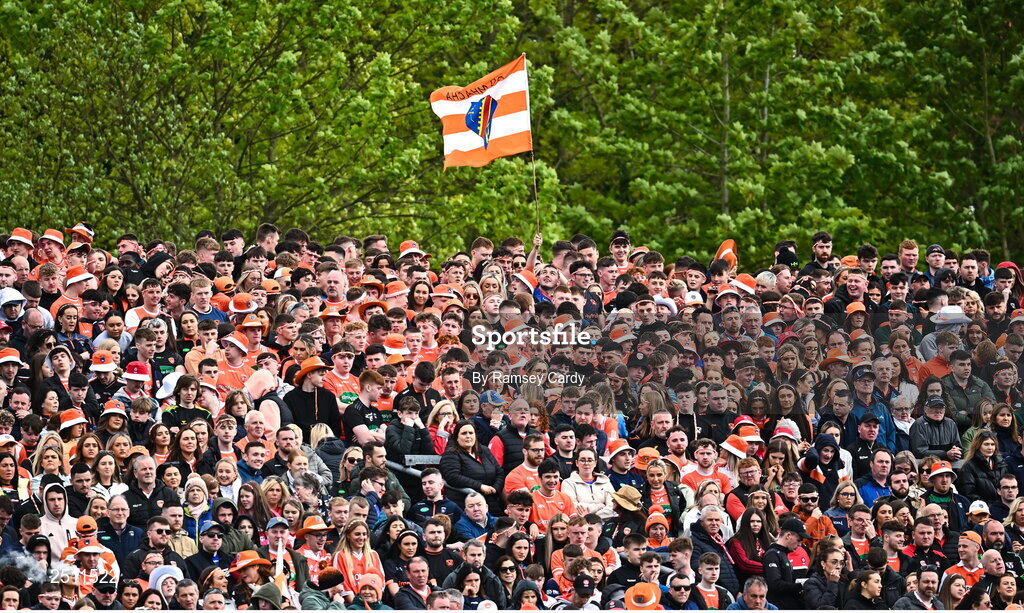 14 May 2023; An Armagh flag on the terrace during the Ulster GAA Football Senior Championship Final match between Armagh and Derry at St Tiernach’s Park in Clones, Monaghan. Photo by Ramsey Cardy/Sportsfile