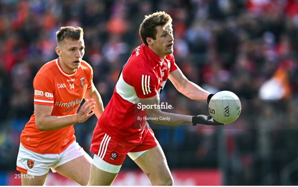 14 May 2023; Brendan Rogers of Derry during the Ulster GAA Football Senior Championship Final match between Armagh and Derry at St Tiernach’s Park in Clones, Monaghan. Photo by Ramsey Cardy/Sportsfile