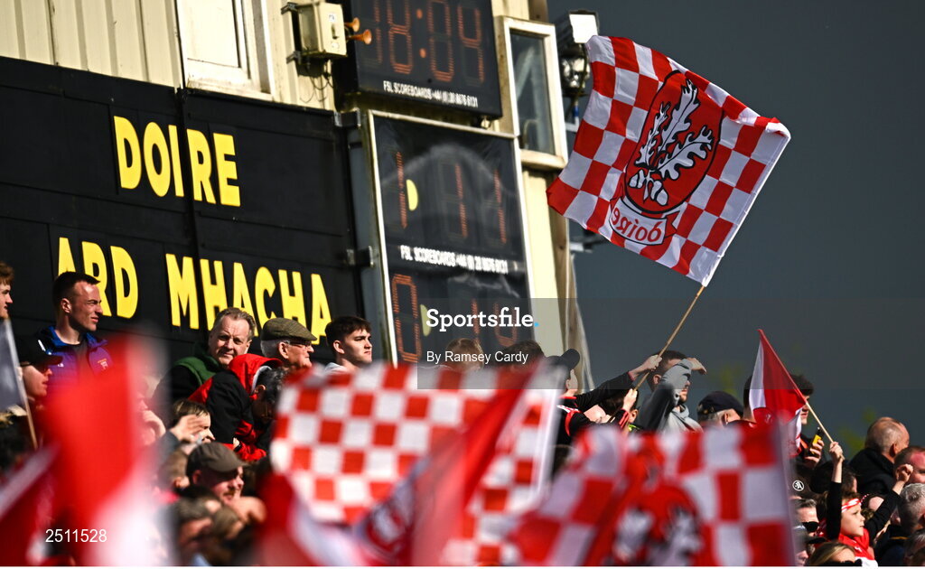 14 May 2023; Derry supporters celebrate their side scoring a point to level the Ulster GAA Football Senior Championship Final match between Armagh and Derry at St Tiernach’s Park in Clones, Monaghan. Photo by Ramsey Cardy/Sportsfile
