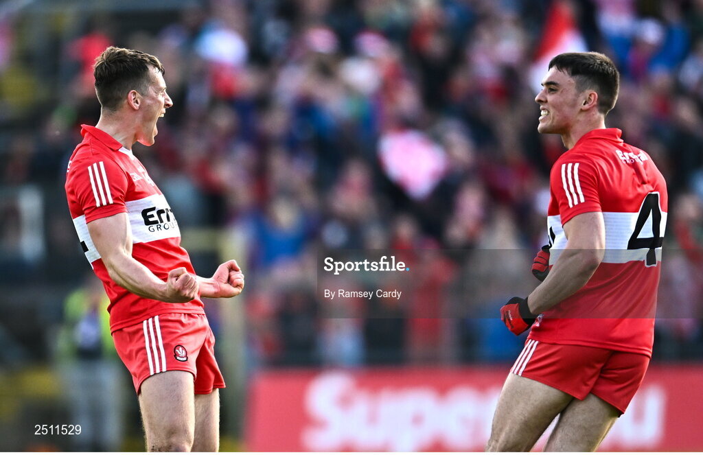 14 May 2023; Shane McGuigan of Derry, left, celebrates with Conor McCluskey after kicking an extra-time point during the Ulster GAA Football Senior Championship Final match between Armagh and Derry at St Tiernach’s Park in Clones, Monaghan. Photo by Ramsey Cardy/Sportsfile