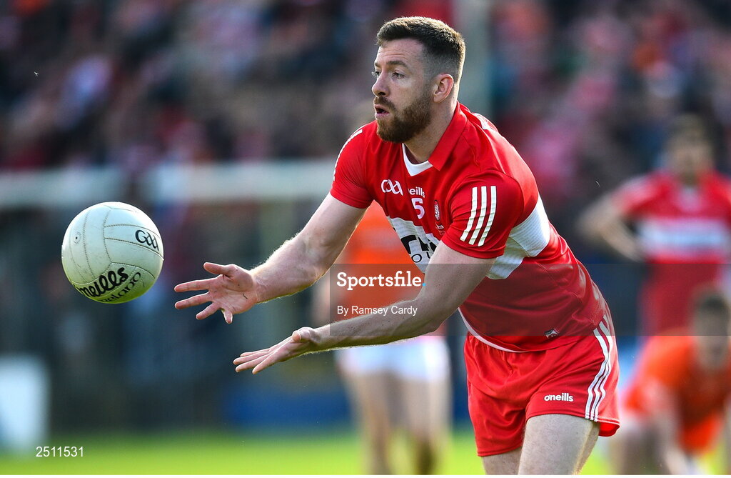 14 May 2023; Niall Loughlin of Derry during the Ulster GAA Football Senior Championship Final match between Armagh and Derry at St Tiernach’s Park in Clones, Monaghan. Photo by Ramsey Cardy/Sportsfile