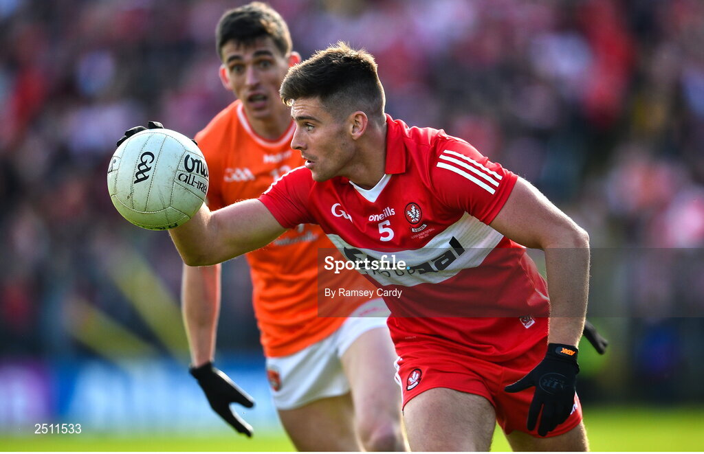 14 May 2023; Conor Doherty of Derry during the Ulster GAA Football Senior Championship Final match between Armagh and Derry at St Tiernach’s Park in Clones, Monaghan. Photo by Ramsey Cardy/Sportsfile