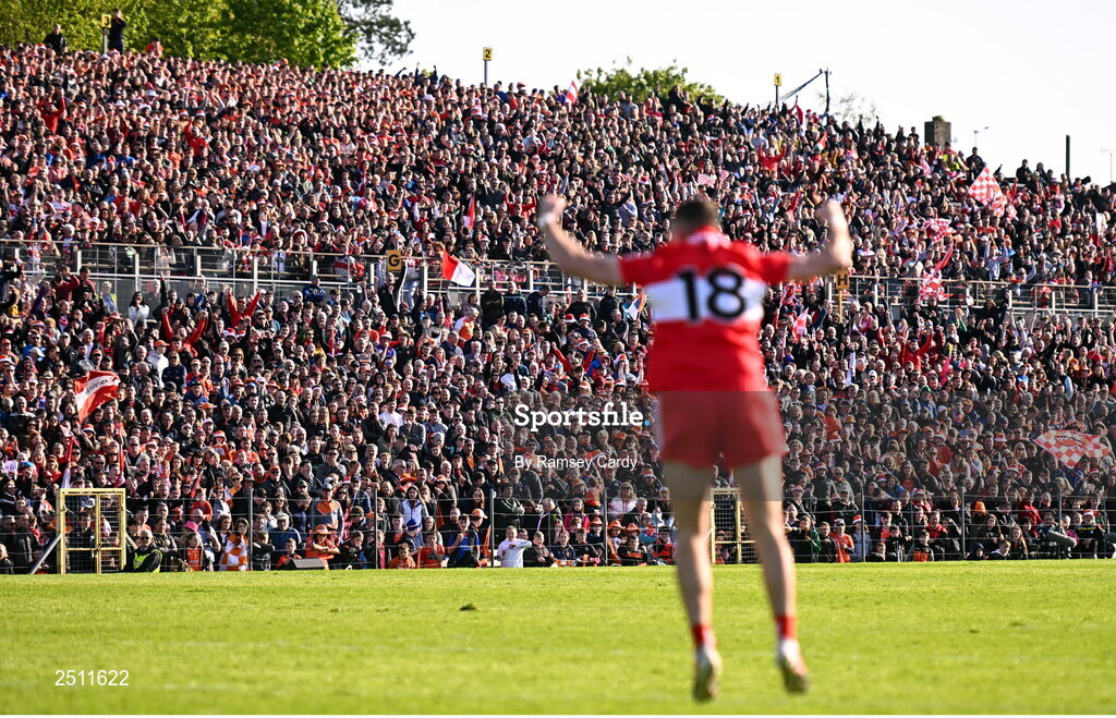 14 May 2023; Derry supporters celebrate after Ciaran McFaul of Derry kicked the winning penalty in the penalty shoot-out in the Ulster GAA Football Senior Championship Final match between Armagh and Derry at St Tiernach’s Park in Clones, Monaghan. Photo by Ramsey Cardy/Sportsfile