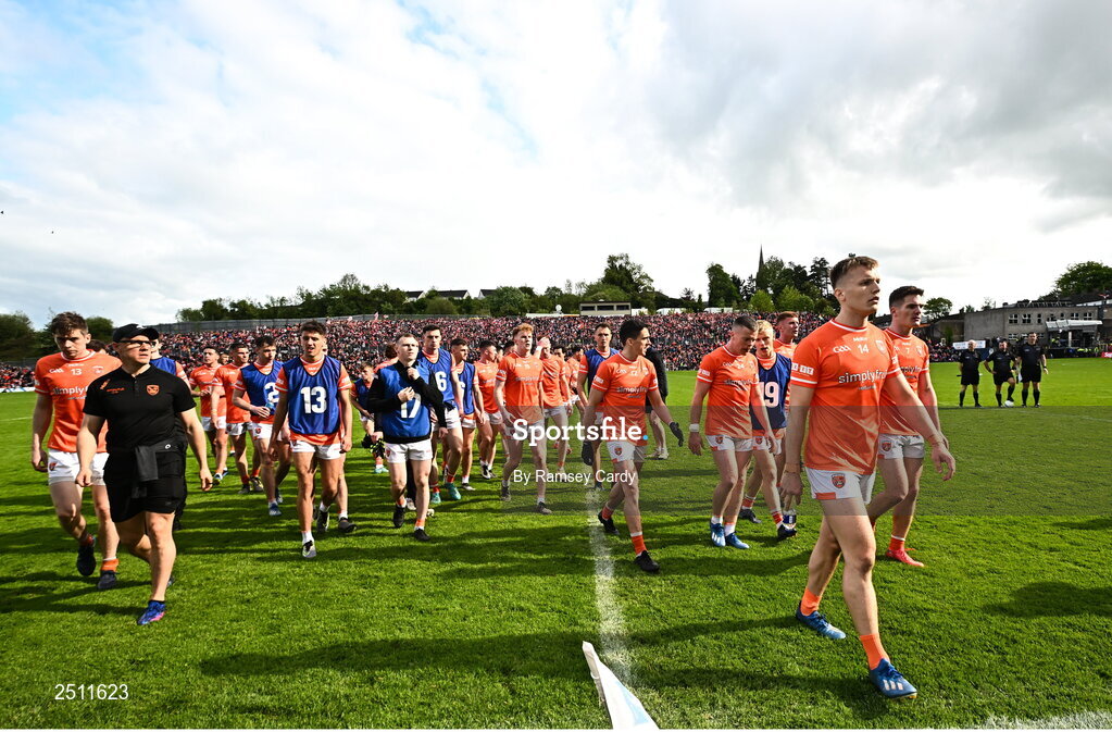 14 May 2023; The Armagh team make their way off the pitch at the end of normal time in the Ulster GAA Football Senior Championship Final match between Armagh and Derry at St Tiernach’s Park in Clones, Monaghan. Photo by Ramsey Cardy/Sportsfile