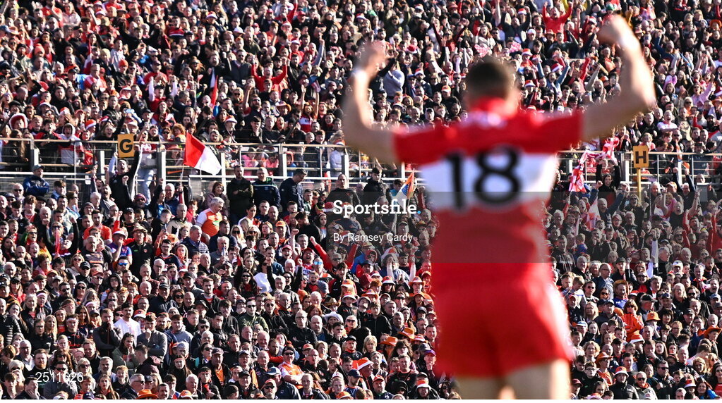 14 May 2023; Derry supporters celebrate after Ciaran McFaul of Derry kicked the winning penalty in the penalty shoot-out in the Ulster GAA Football Senior Championship Final match between Armagh and Derry at St Tiernach’s Park in Clones, Monaghan. Photo by Ramsey Cardy/Sportsfile