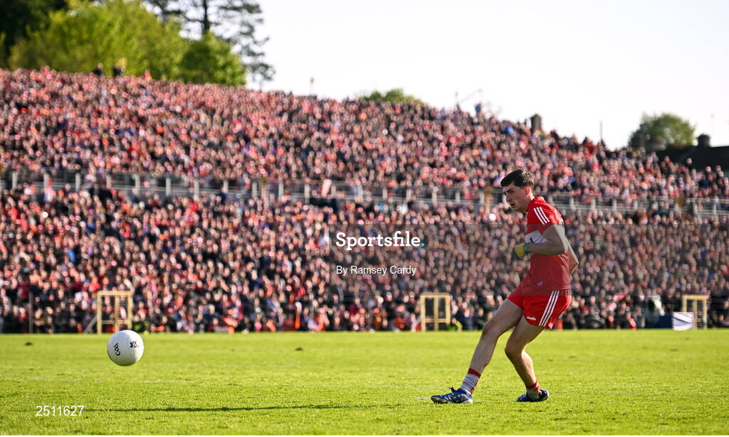 14 May 2023; Paul Cassidy of Derry in the penalty shoot-out in the Ulster GAA Football Senior Championship Final match between Armagh and Derry at St Tiernach’s Park in Clones, Monaghan.  Photo by Ramsey Cardy/Sportsfile