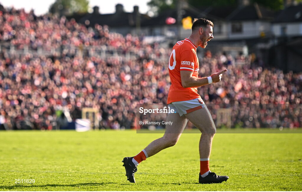 14 May 2023; Callum Cumiskey of Armagh celebrates after scoring his penalty in the penalty shoot-out in the Ulster GAA Football Senior Championship Final match between Armagh and Derry at St Tiernach’s Park in Clones, Monaghan.  Photo by Ramsey Cardy/Sportsfile