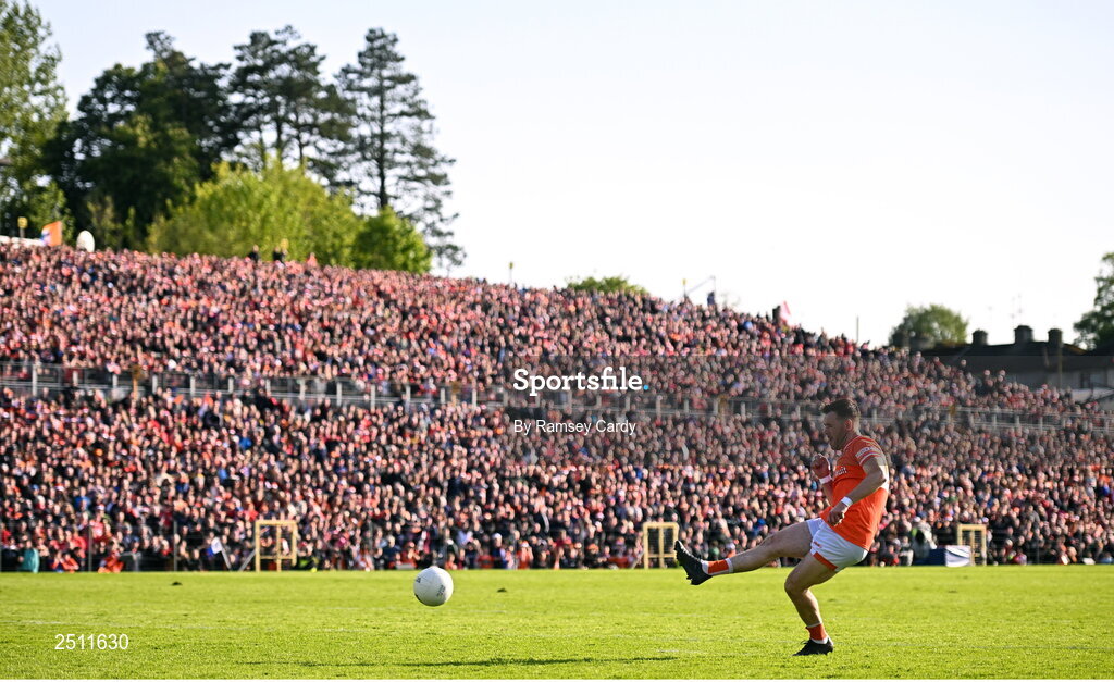 14 May 2023; Callum Cumiskey of Armagh in the penalty shoot-out in the Ulster GAA Football Senior Championship Final match between Armagh and Derry at St Tiernach’s Park in Clones, Monaghan.  Photo by Ramsey Cardy/Sportsfile