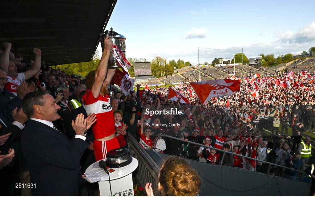 14 May 2023; Derry captain Conor Glass lifts the Anglo Celt Cup after the Ulster GAA Football Senior Championship Final match between Armagh and Derry at St Tiernach’s Park in Clones, Monaghan. Photo by Ramsey Cardy/Sportsfile