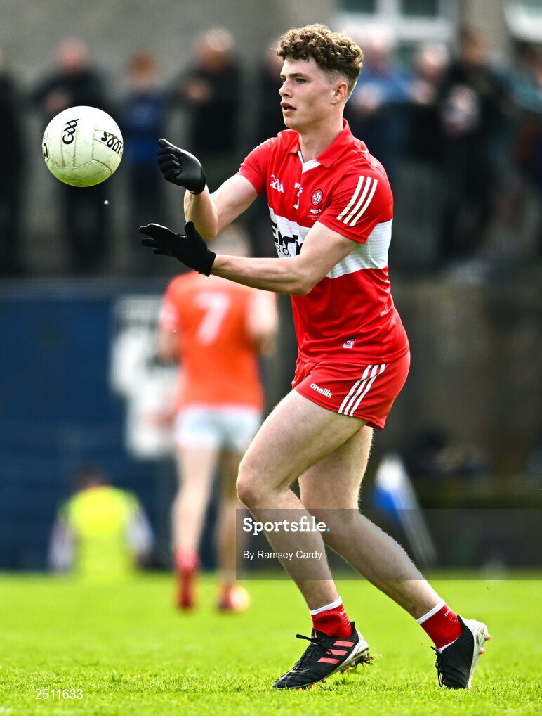14 May 2023; Eoghan McEvoy of Derry during the Ulster GAA Football Senior Championship Final match between Armagh and Derry at St Tiernach’s Park in Clones, Monaghan. Photo by Ramsey Cardy/Sportsfile