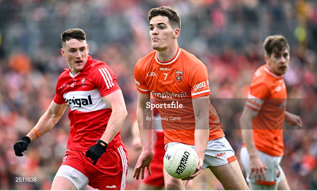 14 May 2023; Jarly Óg Burns of Armagh during the Ulster GAA Football Senior Championship Final match between Armagh and Derry at St Tiernach’s Park in Clones, Monaghan. Photo by Ramsey Cardy/Sportsfile