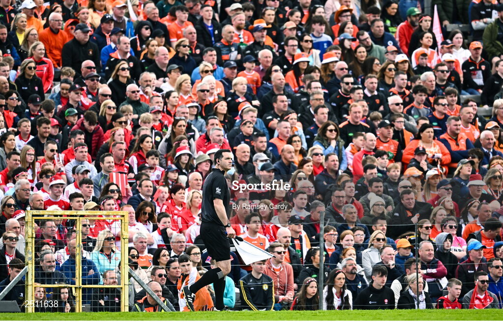 14 May 2023; Sideline official Sean Hurson during the Ulster GAA Football Senior Championship Final match between Armagh and Derry at St Tiernach’s Park in Clones, Monaghan. Photo by Ramsey Cardy/Sportsfile