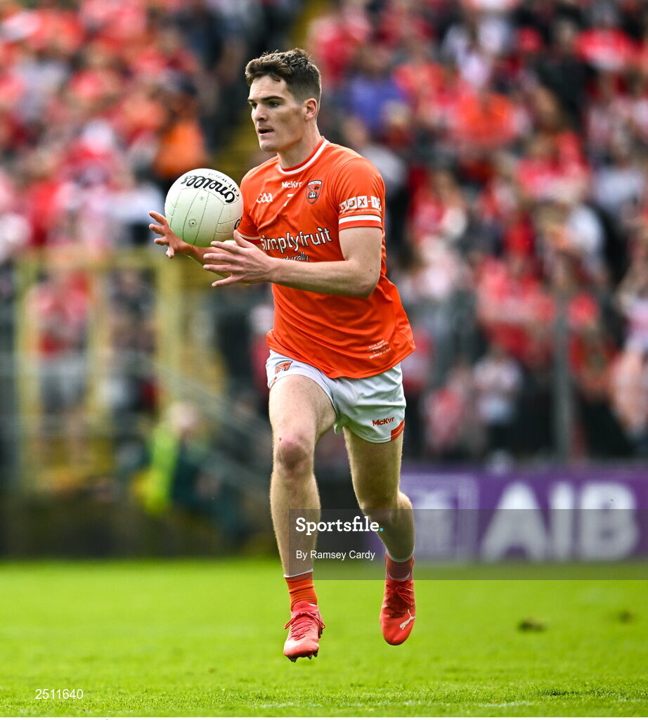 14 May 2023; Jarly Óg Burns of Armagh during the Ulster GAA Football Senior Championship Final match between Armagh and Derry at St Tiernach’s Park in Clones, Monaghan. Photo by Ramsey Cardy/Sportsfile