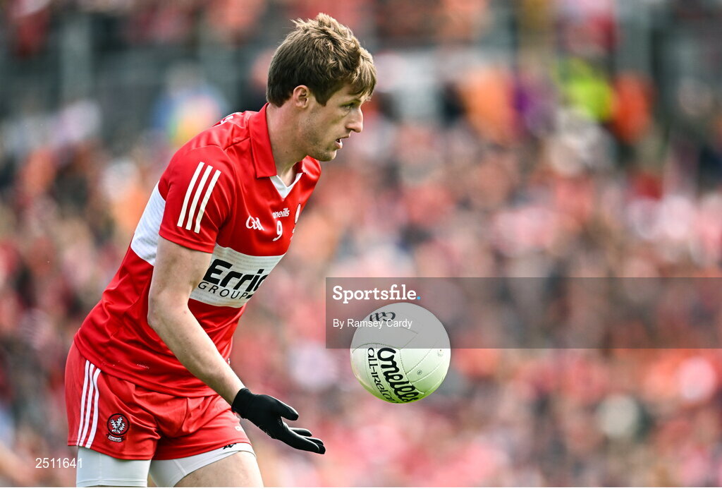 14 May 2023; Brendan Rogers of Derry during the Ulster GAA Football Senior Championship Final match between Armagh and Derry at St Tiernach’s Park in Clones, Monaghan. Photo by Ramsey Cardy/Sportsfile