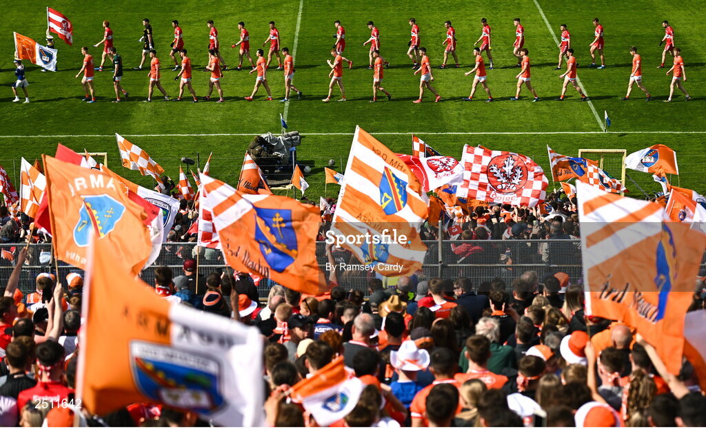 14 May 2023; The Derry and Armagh teams parade before the Ulster GAA Football Senior Championship Final match between Armagh and Derry at St Tiernach’s Park in Clones, Monaghan. Photo by Ramsey Cardy/Sportsfile