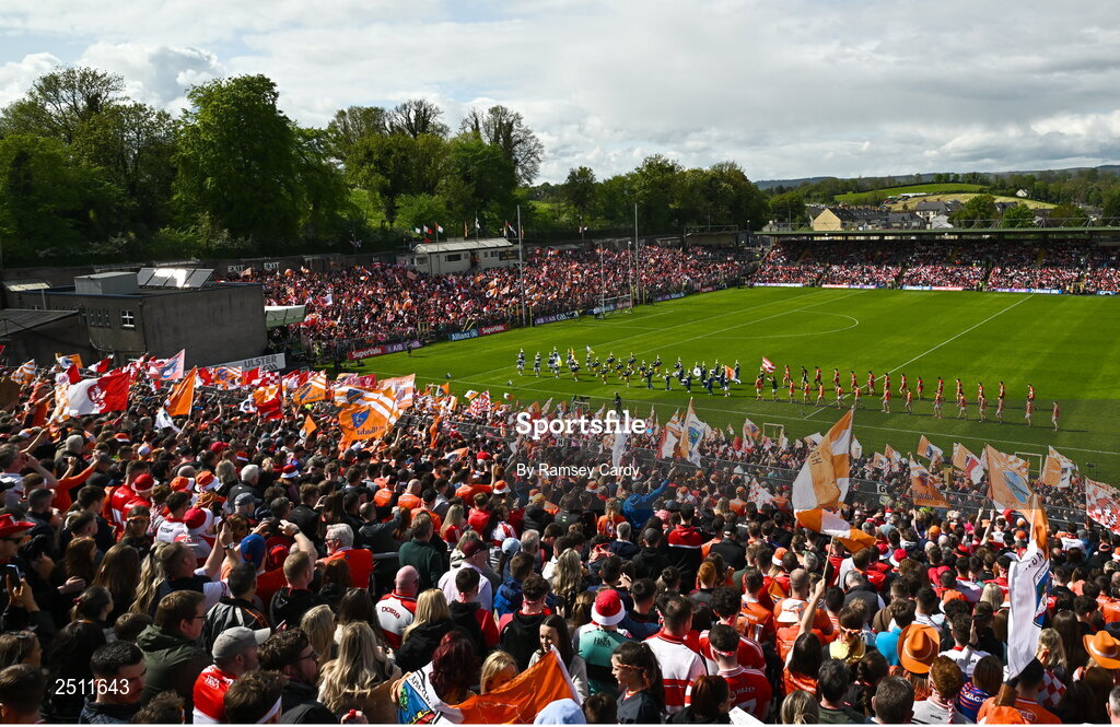 14 May 2023; The Derry and Armagh teams parade before the Ulster GAA Football Senior Championship Final match between Armagh and Derry at St Tiernach’s Park in Clones, Monaghan. Photo by Ramsey Cardy/Sportsfile