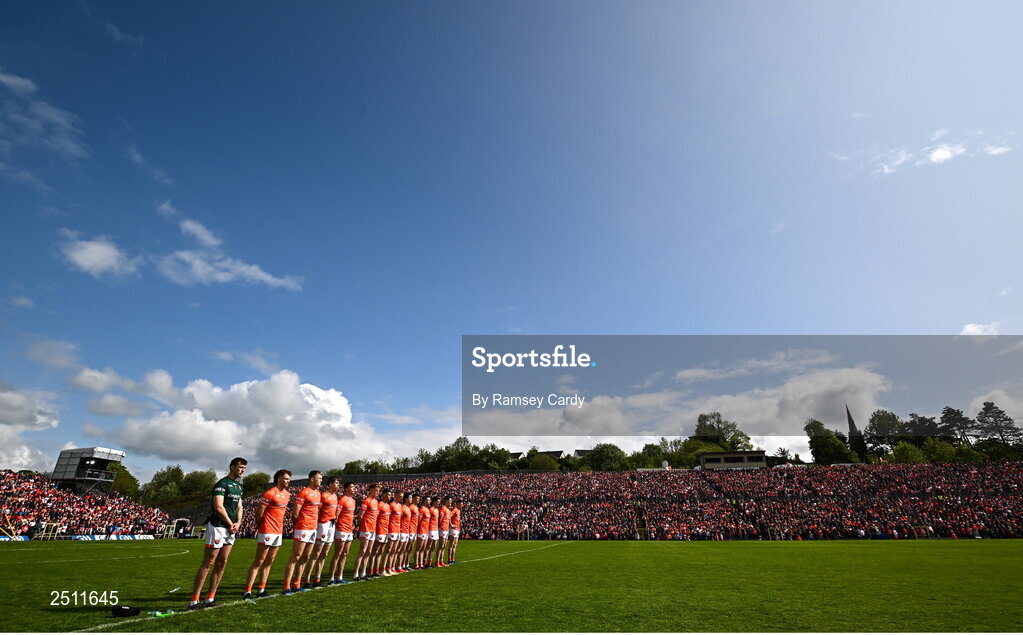 14 May 2023; The Armagh team before the Ulster GAA Football Senior Championship Final match between Armagh and Derry at St Tiernach’s Park in Clones, Monaghan. Photo by Ramsey Cardy/Sportsfile