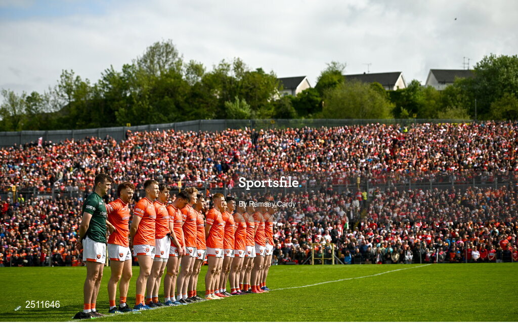 14 May 2023; The Armagh team before the Ulster GAA Football Senior Championship Final match between Armagh and Derry at St Tiernach’s Park in Clones, Monaghan. Photo by Ramsey Cardy/Sportsfile