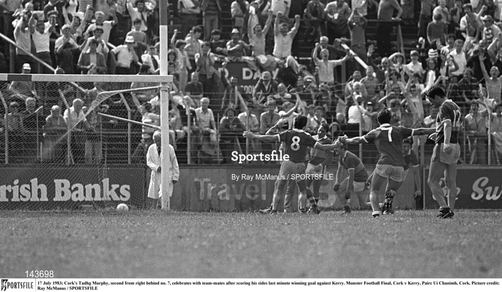 17 July 1983; Cork's Tadhg Murphy, second from right behind no. 7, Jimmy Kerrigan, celebrates with team-mates after scoring his sides last minute winning goal against Kerry. Munster Football Final, Cork v Kerry, Pairc Ui Chaoimh, Cork. Picture credit; Ray McManus / SPORTSFILE