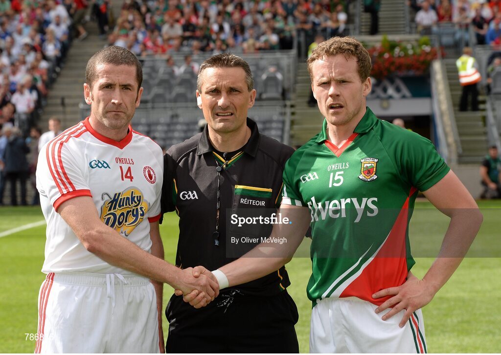 25 August 2013; Referee Maurice Deegan with Tyrone captain Stephen O'Neill, left, and Mayo captain Andy Moran. GAA Football All-Ireland Senior Championship Semi-Final, Mayo v Tyrone, Croke Park, Dublin. Picture credit: Oliver McVeigh / SPORTSFILE