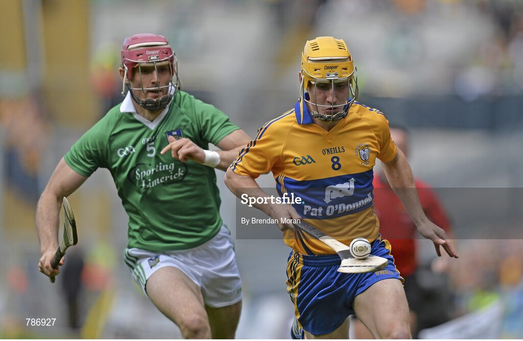 18 August 2013; Colm Galvin, Clare, in action against Paudie O'Brien, Limerick. GAA Hurling All-Ireland Senior Championship, Semi-Final, Limerick v Clare, Croke Park, Dublin. Picture credit: Brendan Moran / SPORTSFILE