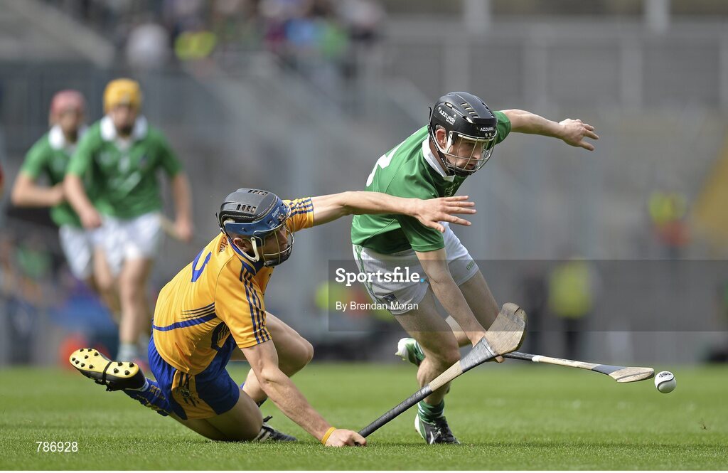 18 August 2013; Graeme Mulcahy, Limerick, is tackled by David McInerney, Clare. GAA Hurling All-Ireland Senior Championship, Semi-Final, Limerick v Clare, Croke Park, Dublin. Picture credit: Brendan Moran / SPORTSFILE