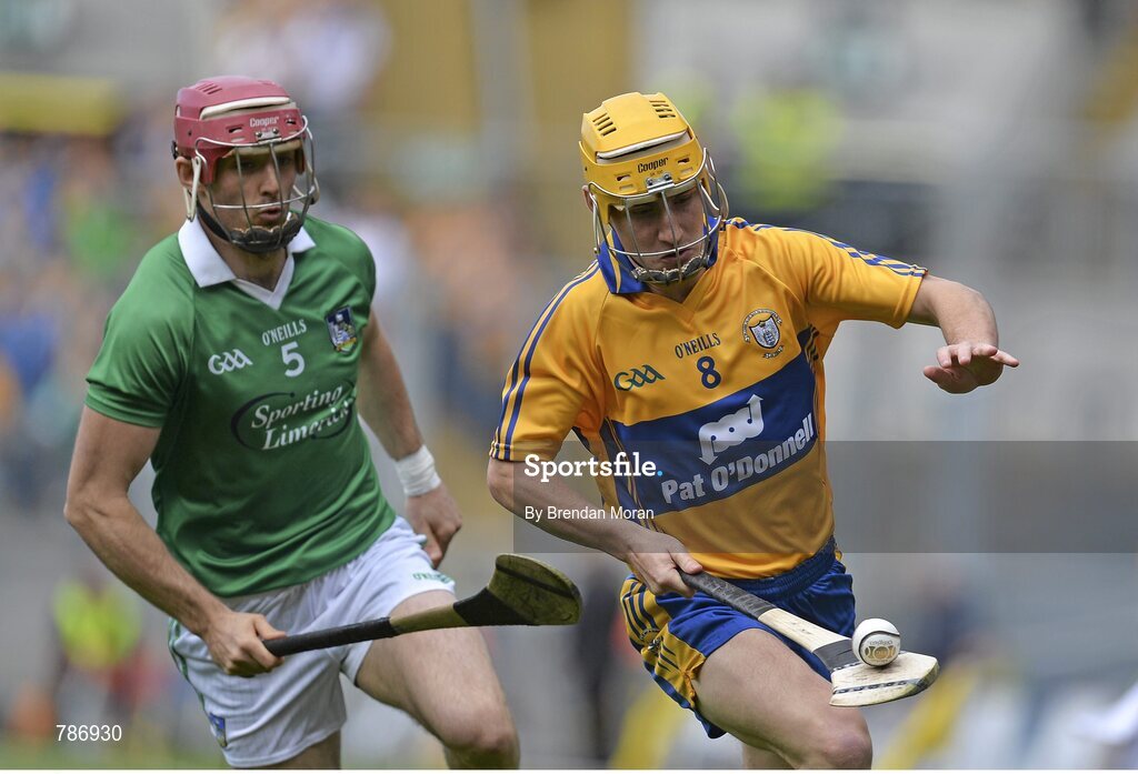 18 August 2013; Colm Galvin, Clare, in action against Paudie O'Brien, Limerick. GAA Hurling All-Ireland Senior Championship, Semi-Final, Limerick v Clare, Croke Park, Dublin. Picture credit: Brendan Moran / SPORTSFILE