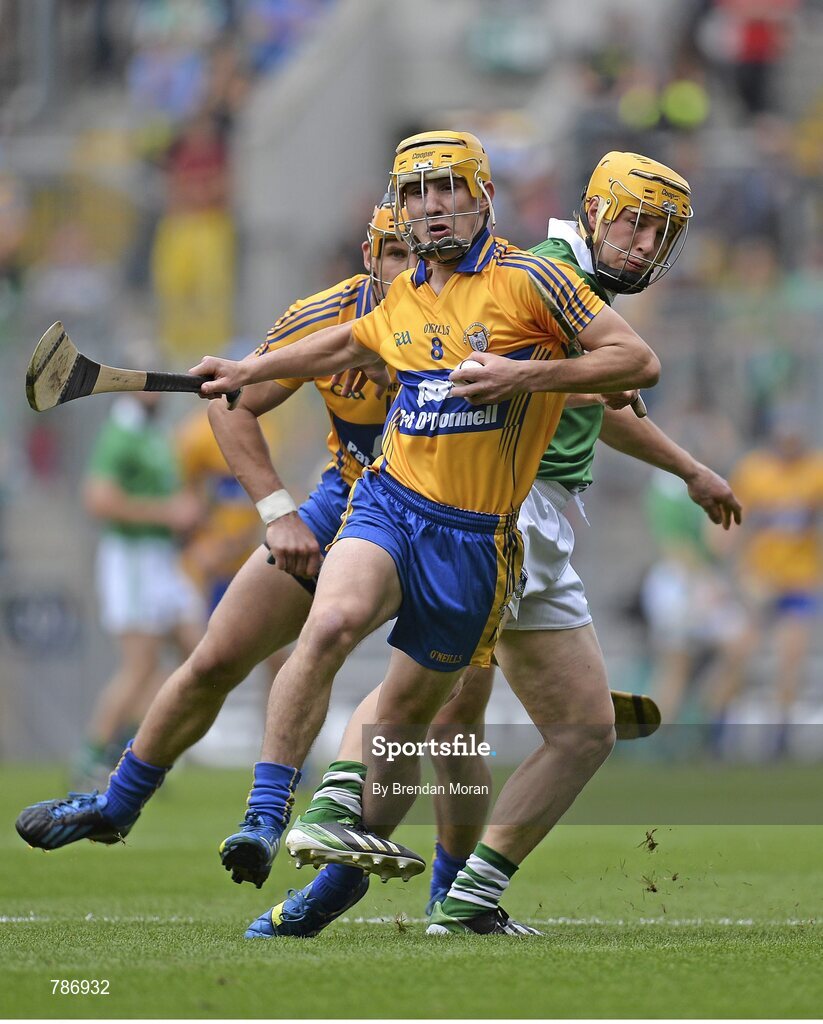 18 August 2013; Colm Galvin, Clare, in action against Paul Browne, Limerick. GAA Hurling All-Ireland Senior Championship, Semi-Final, Limerick v Clare, Croke Park, Dublin. Picture credit: Brendan Moran / SPORTSFILE