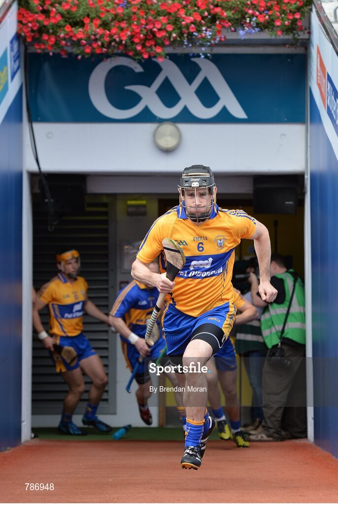 18 August 2013; Clare captain Patrick Donnellan leads his side out before the game. GAA Hurling All-Ireland Senior Championship, Semi-Final, Limerick v Clare, Croke Park, Dublin. Picture credit: Brendan Moran / SPORTSFILE