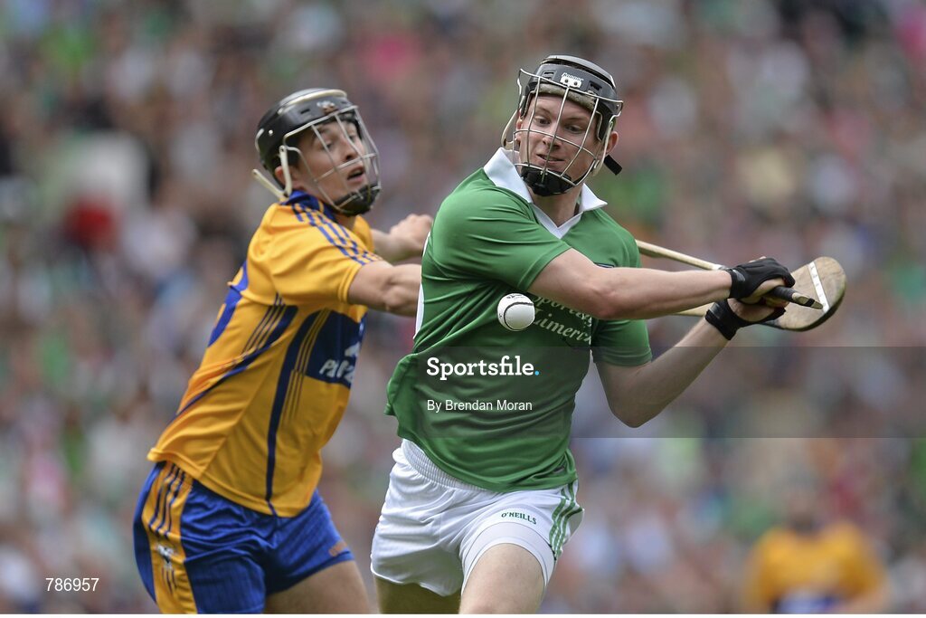 18 August 2013; Kevin Downes, Limerick, in action against Nicky O'Connell, Clare. GAA Hurling All-Ireland Senior Championship, Semi-Final, Limerick v Clare, Croke Park, Dublin. Picture credit: Brendan Moran / SPORTSFILE