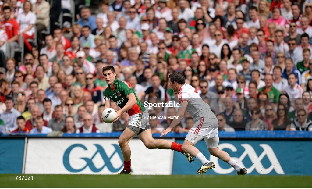 25 August 2013; Alan Freeman, Mayo, in action against Conor Gormley, Tyrone. GAA Football All-Ireland Senior Championship Semi-Final, Mayo v Tyrone, Croke Park, Dublin. Picture credit: Brendan Moran / SPORTSFILE