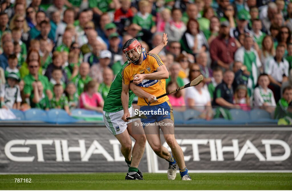 18 August 2013; Darach Honan, Clare, is tackled by Richie McCarthy, Limerick. GAA Hurling All-Ireland Senior Championship, Semi-Final, Limerick v Clare, Croke Park, Dublin. Picture credit: Stephen McCarthy / SPORTSFILE