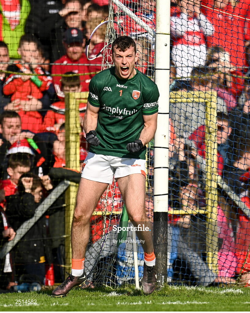 14 May 2023; Armagh goalkeeper Ethan Rafferty celebrates saving a penalty during the Ulster GAA Football Senior Championship Final match between Armagh and Derry at St Tiernach’s Park in Clones, Monaghan. Photo by Harry Murphy/Sportsfile